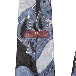 Vintage Etienne Aigner Mens Silk Abstract Blue Gray Black Art‎ Tie Summer Cool